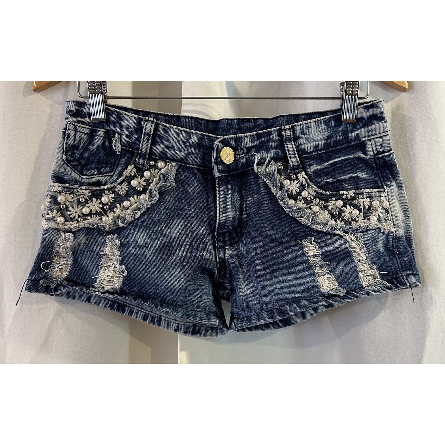 Beaded Floral Shorty Short Denim Shorts Festival