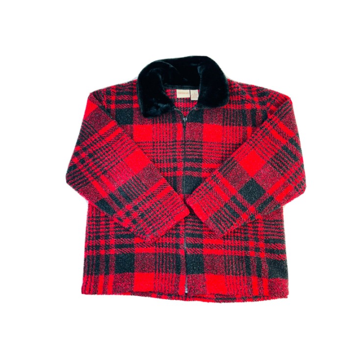 Vintage Womens Medium Deep Pile Fleece Buffalo Plaid Jacket Red