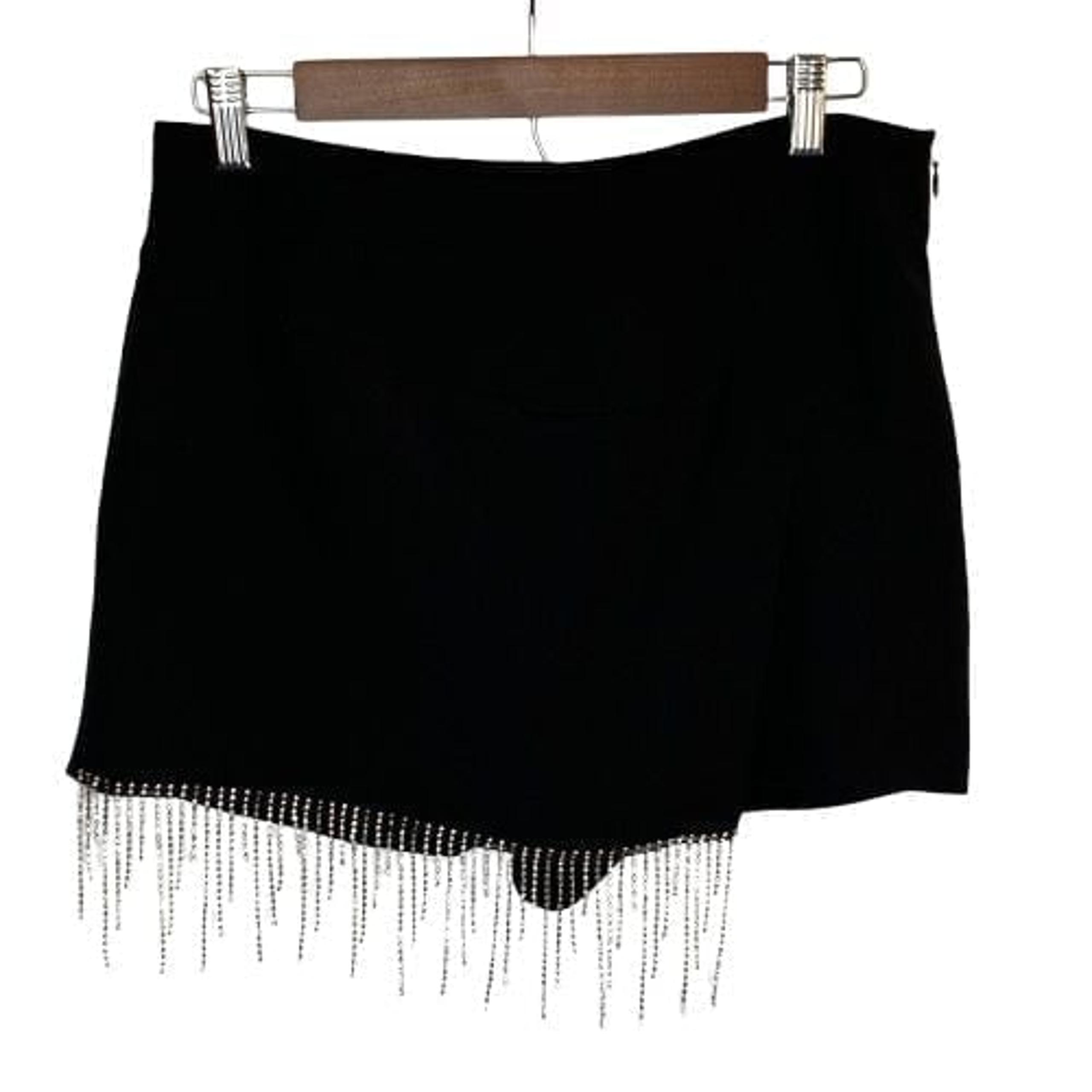 Zara Womens Skort Mini Skirt Size M Black Rhinestone Fringe Going Out Festival