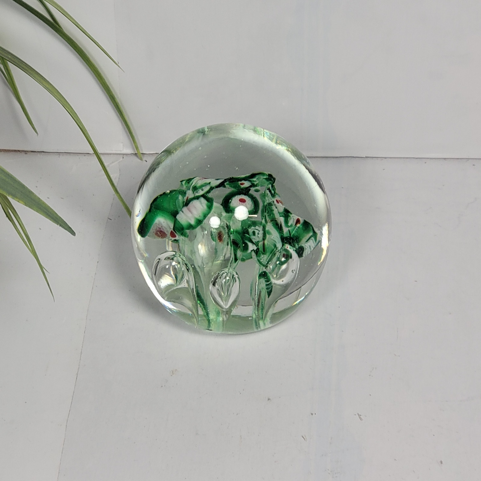 Vintage Mid Century Modern Dabs Green Floral Paperweight Art Glass Desk Decor