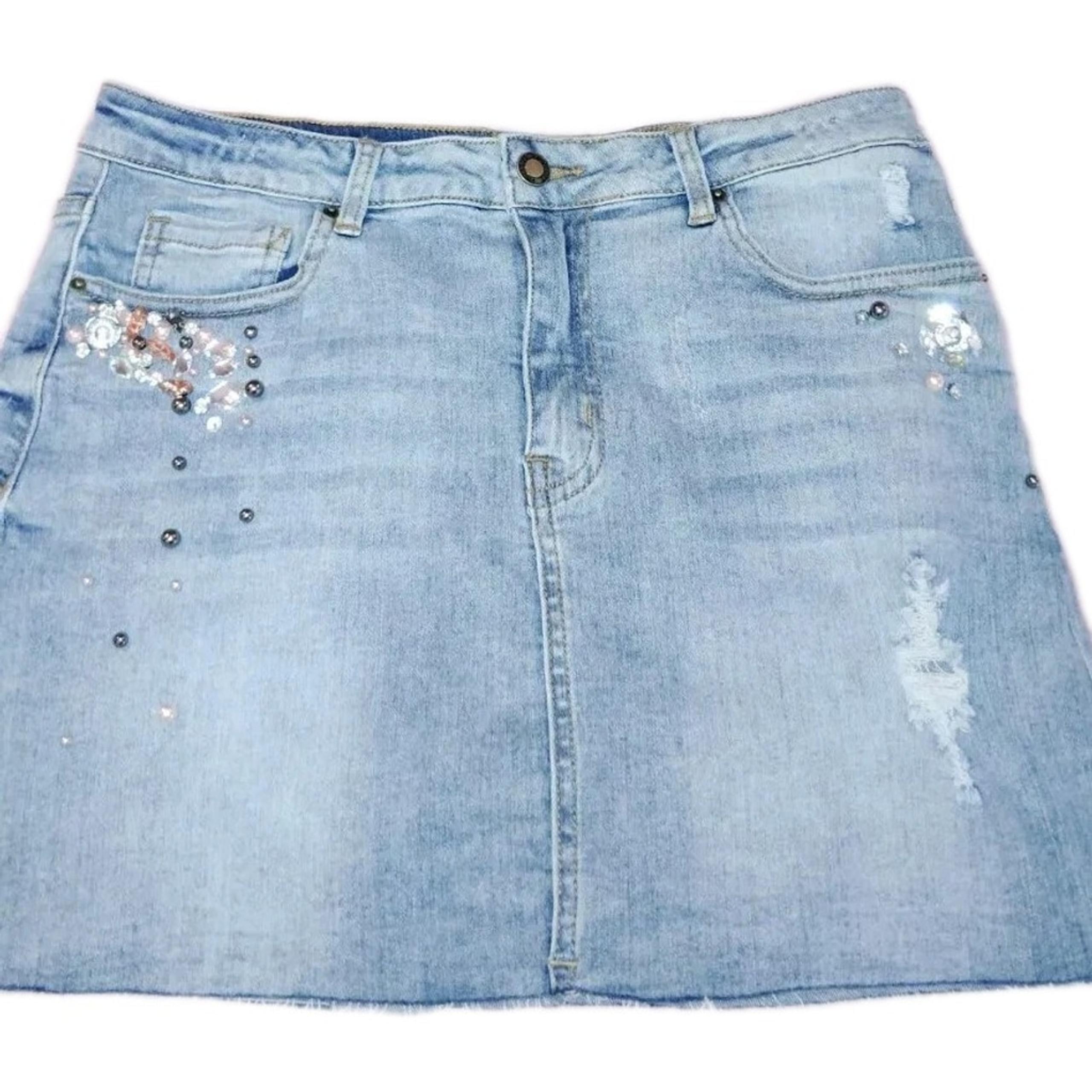 Angel Kiss Mini Skirt Large Junior's Denim Light Wash Rhinestones Rodeo Dance