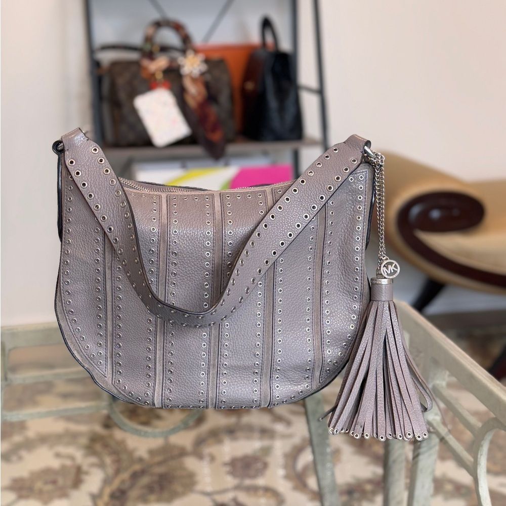 Michael Kors Bag Brooklyn Grommet Hobo Leather Suede Cinder Taupe