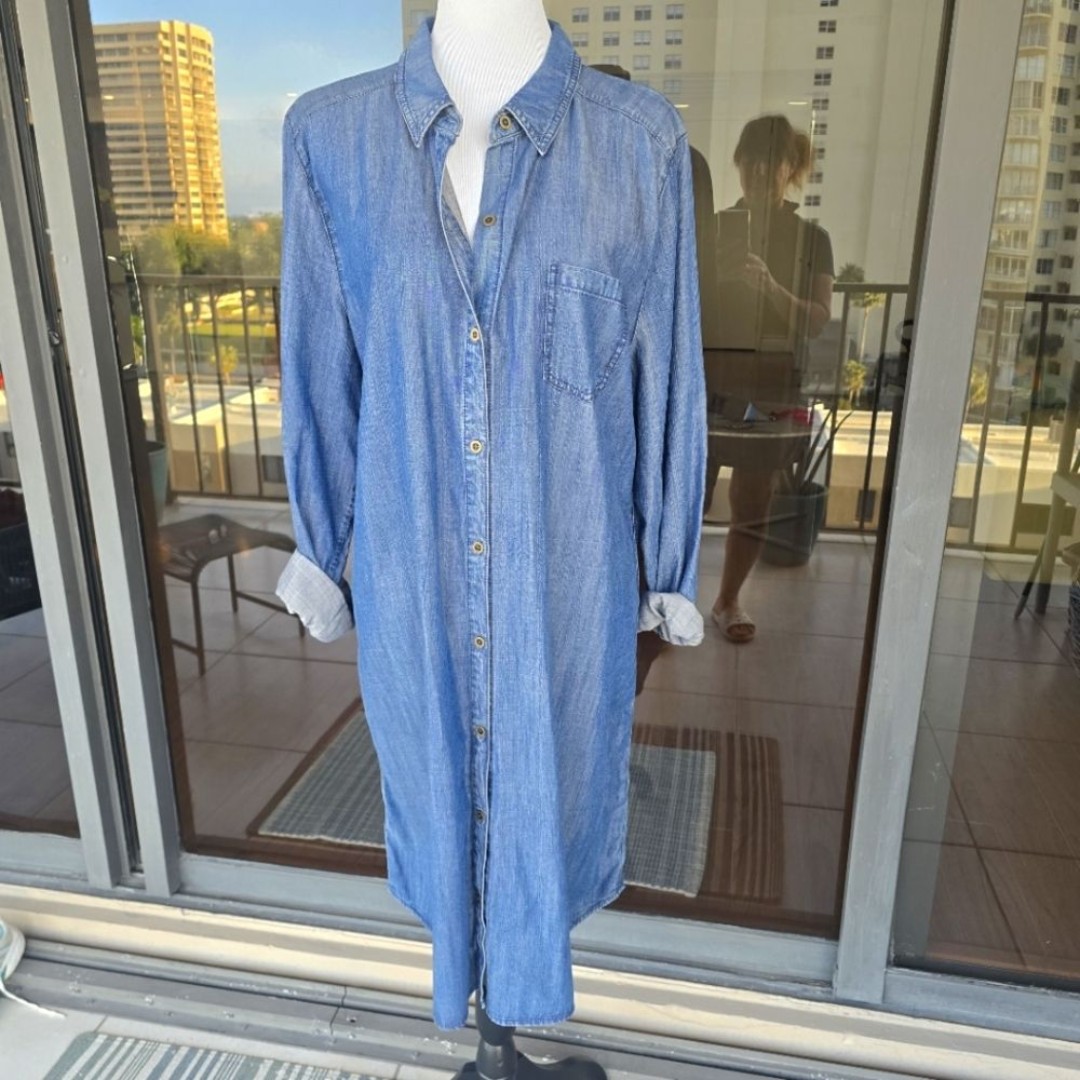 Eileen Fisher Long Sleeve Blue Chambray Button-Up Dress