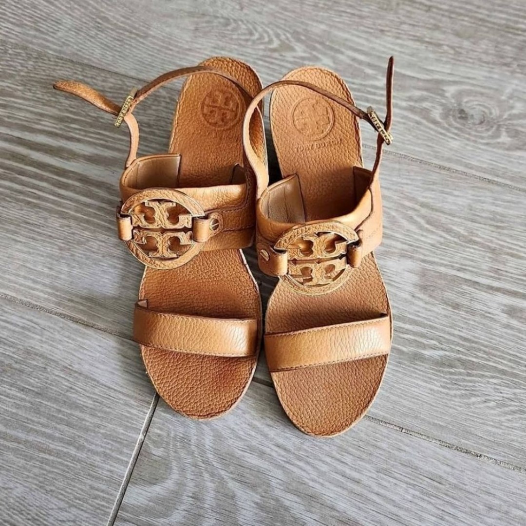Tory Burch Amanda Designer Tan Wedge Leather Sandals Heels 7.5