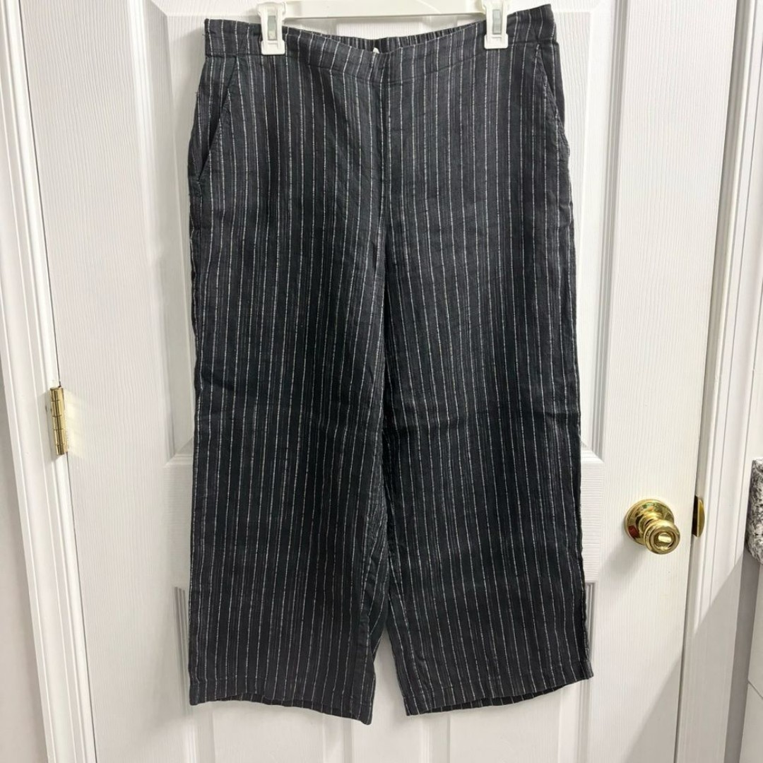 Eileen Fisher Linen Wide Leg Pull On Pants Cropped Striped Dark Grey Medium