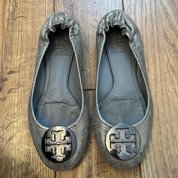 Tory Burch Reva Ballet Flag Metallic Silver and Grey