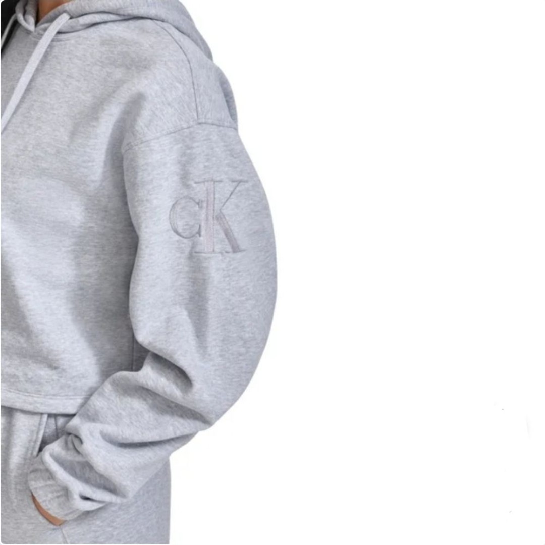 Calvin Klein Jeans Women's L Cotton Blend Relaxed Crop Logo Hoodie Pullover Gray