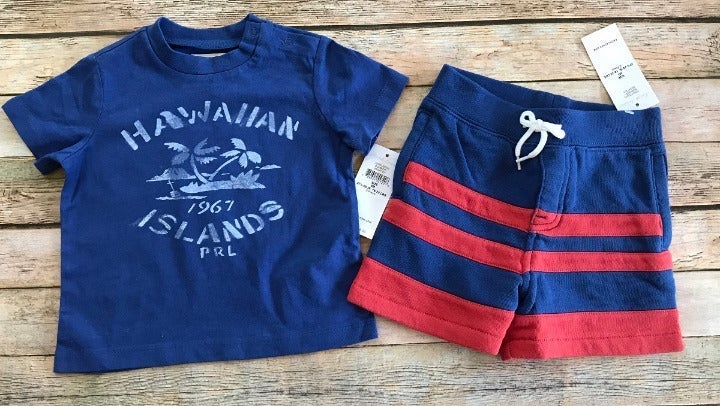 9m Baby Boys Ralph Lauren 2 pc/piece Blue Graphic Shirt & Short Set 9 months