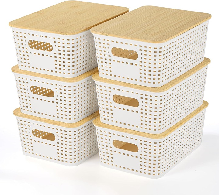 Plastic Storage Baskets With Bamboo Lid 6 Pack