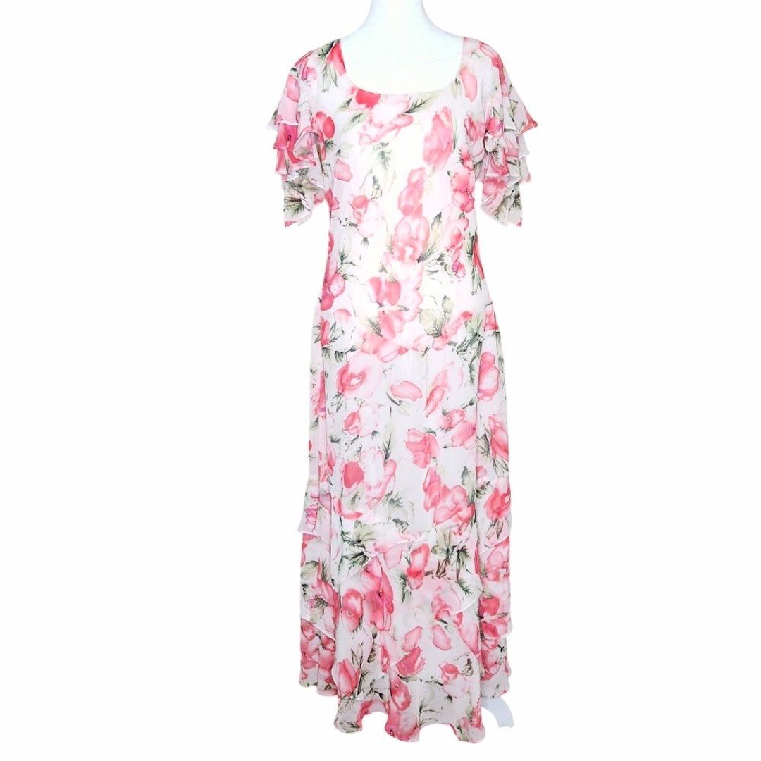 Mary McFadden Vintage 90s Maxi Dress Drop Waist Pink Floral Ruffles Women's 12