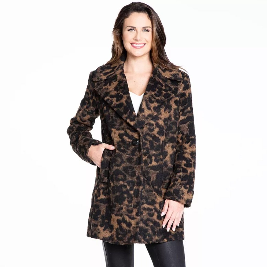 Kensie Women's Medium Black Brown Notch Collar Leopard Print Wool Cocoon Coat