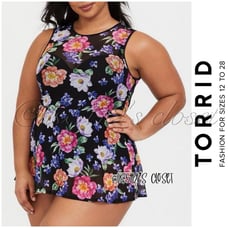 Torrid Black Floral Mesh Overlay Underwire Short Swim Dress Swimsuit 2X 18 20