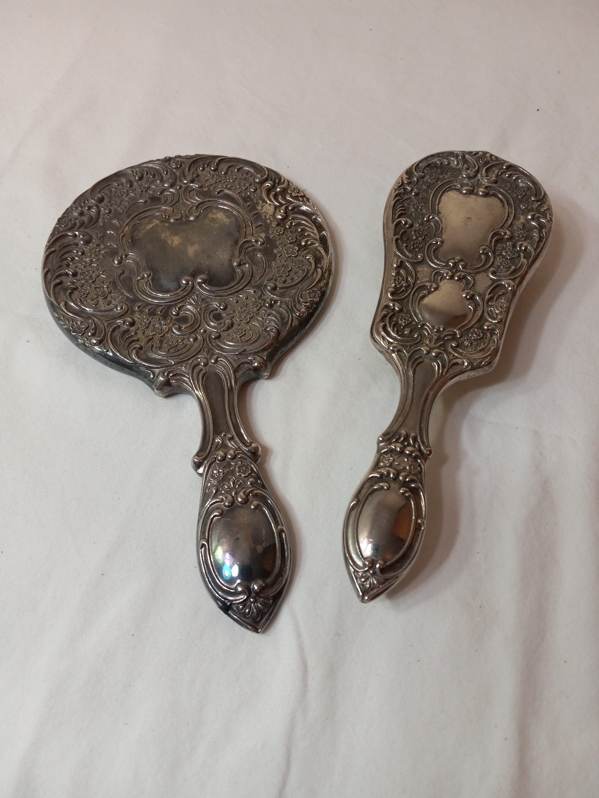 Vtg Antique Silver Plate Ornate Vanity Mirror and Brush Set