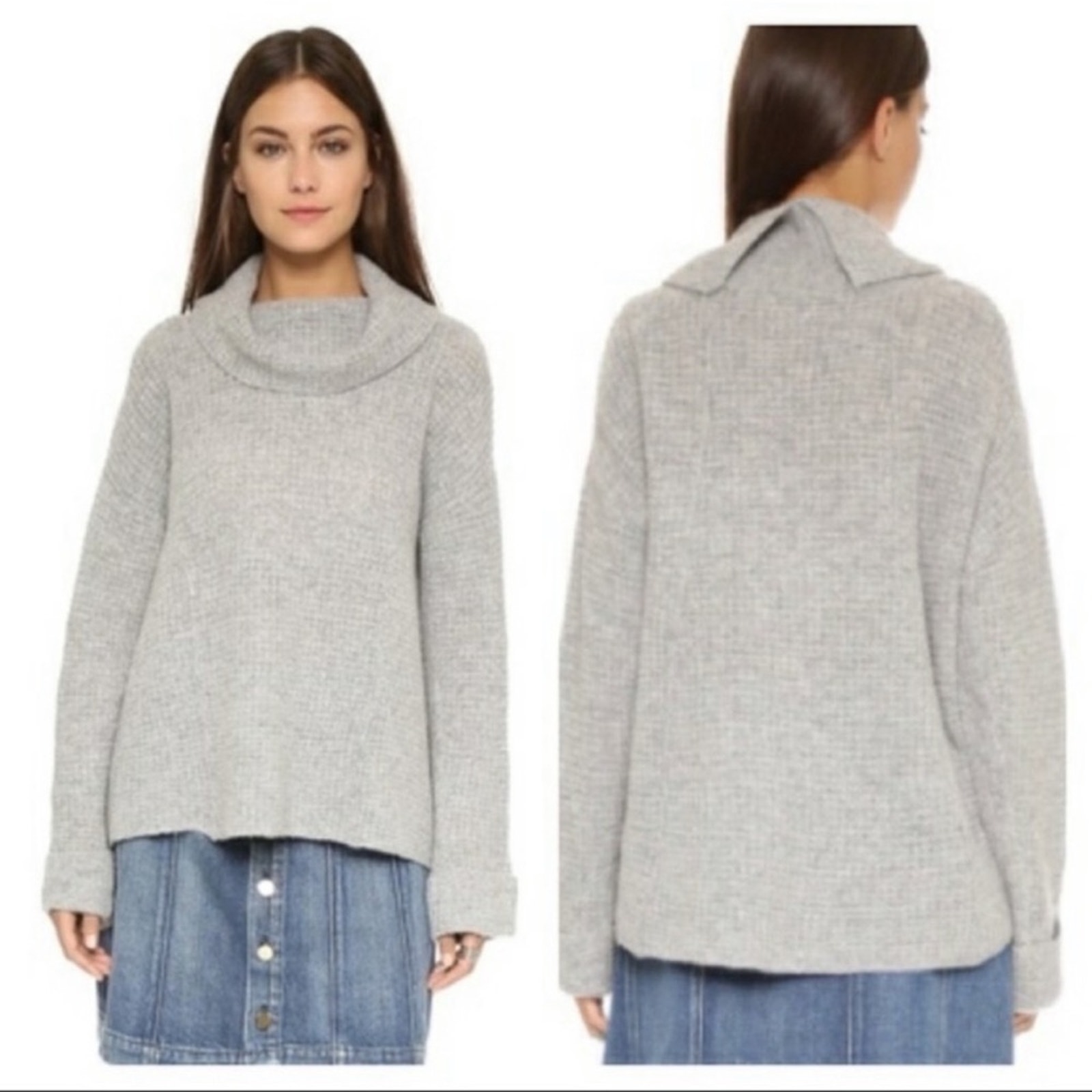 Free people 100% Wool Waffle knit Cowl Neck Sweater In Grey XS
