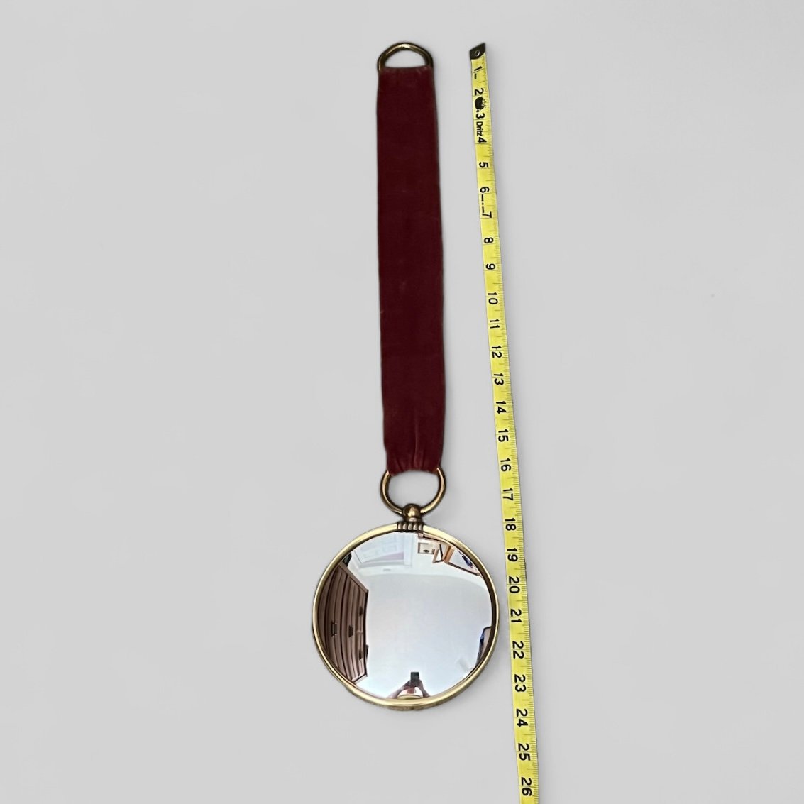 Vintage Convex Mirror Witch’s Eye 5.5” diameter Dark Red Velvet Hanger Poncelet