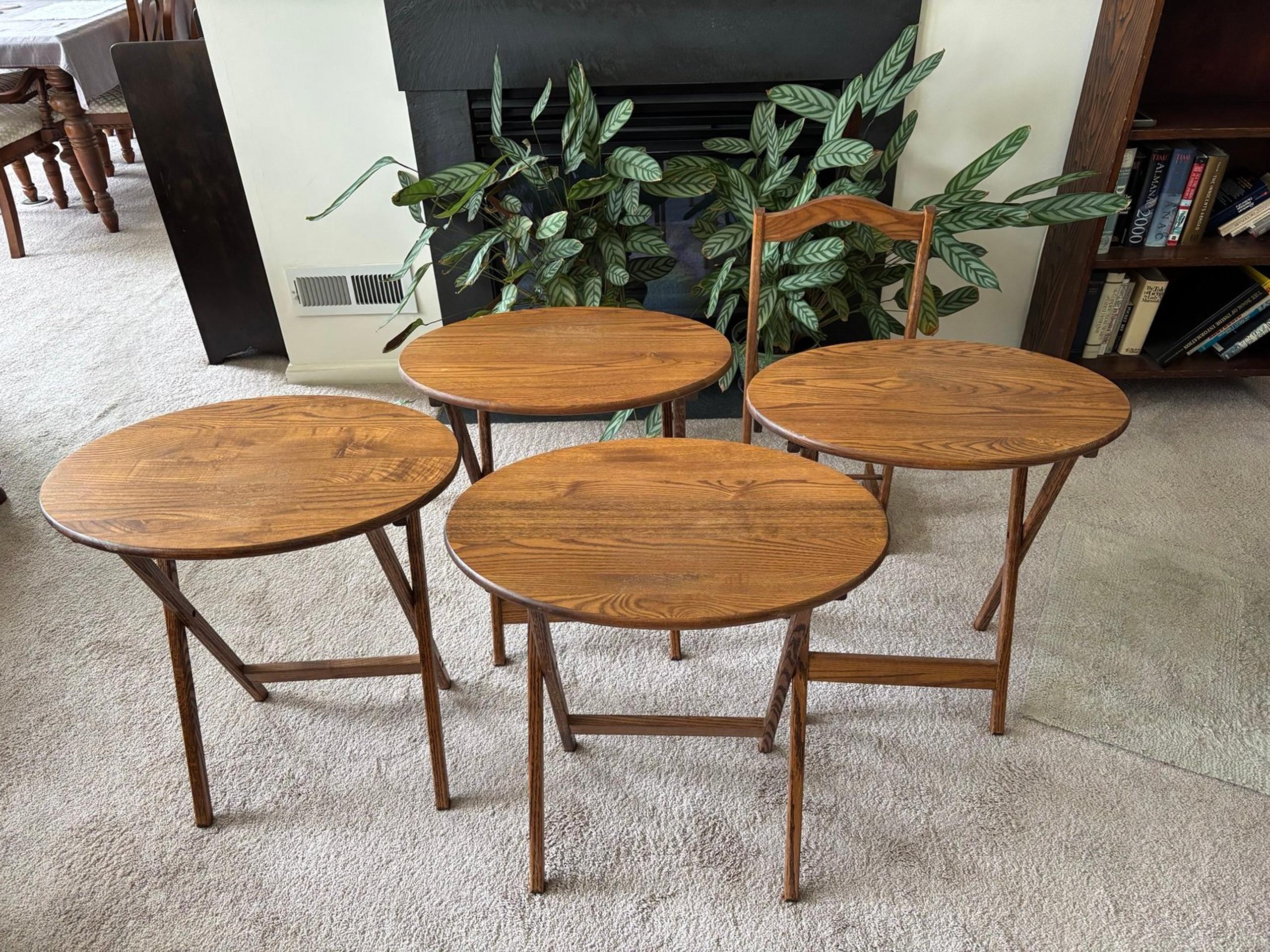 Vintage Set of 4 Oak Wood Oval Folding TV Tables With Carry Storage Stand, excel