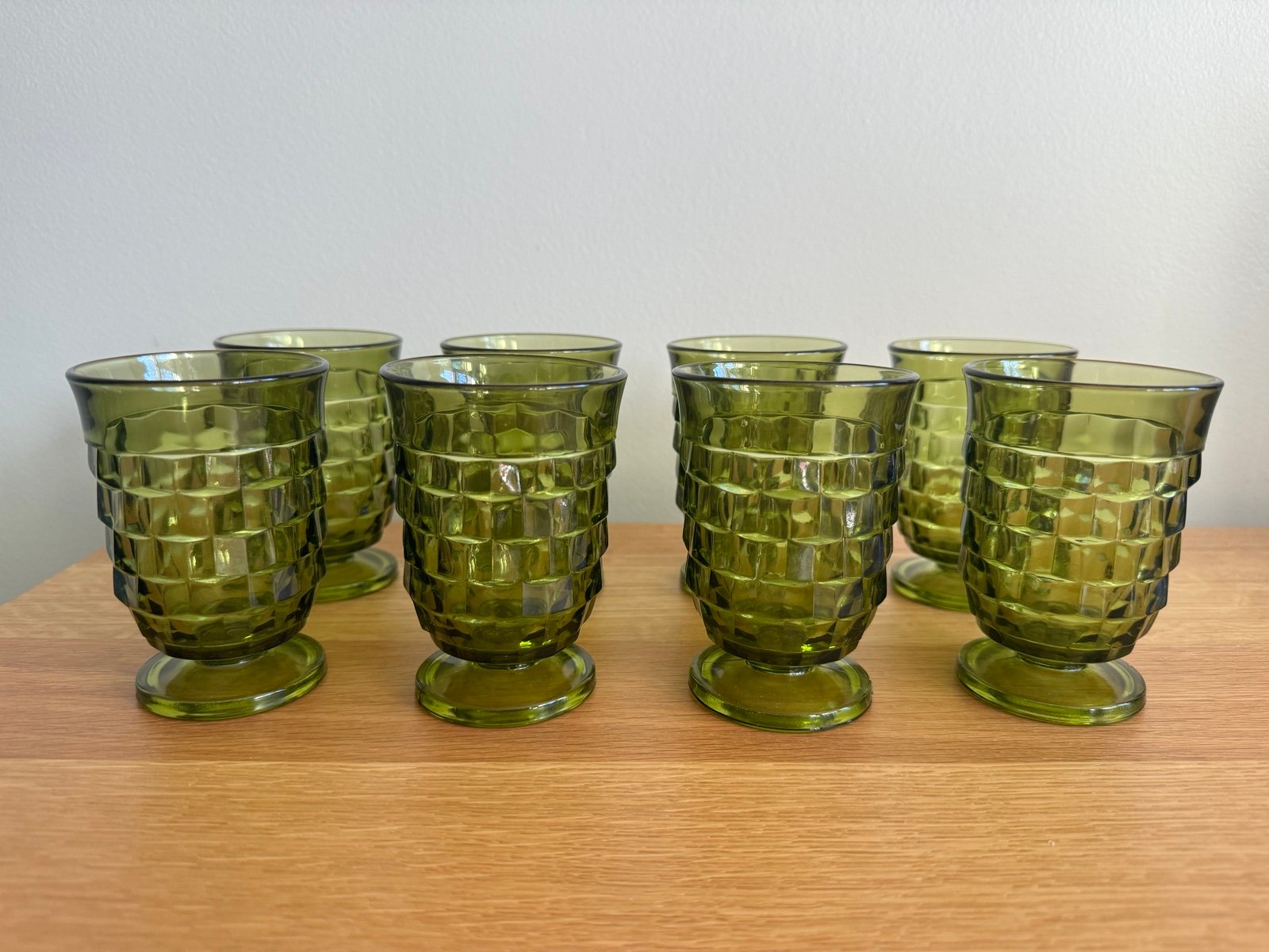 Vintage Indiana Whitehall Avocado Green Footed Juice Glasses