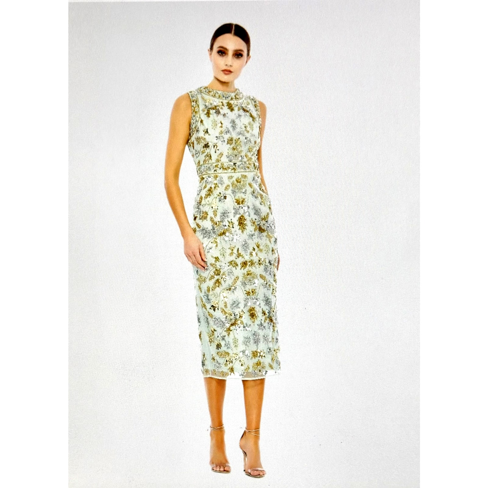 Mac Duggal Embellished High Neck Sleeveless Sheath Midi Dress Sage 14