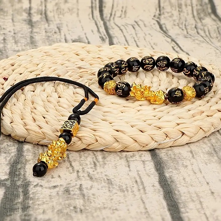2pcs/set New Pixiu Feng Shui Black Obsidian Wealth Bracelet Necklace Set