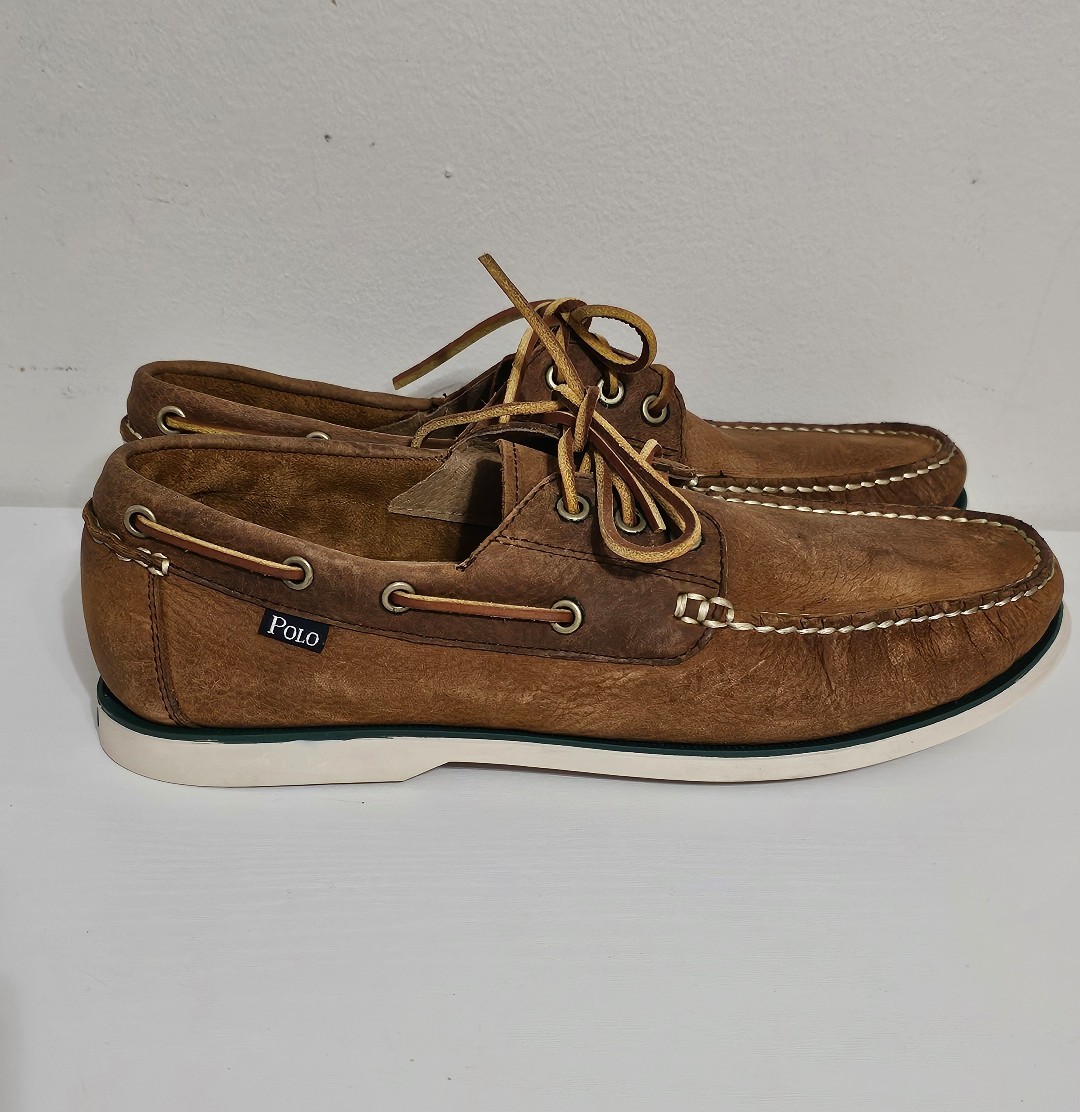 Polo Ralph Lauren Men's Bienne Tumbled Tan Leather Boat Shoes Size 11.5D