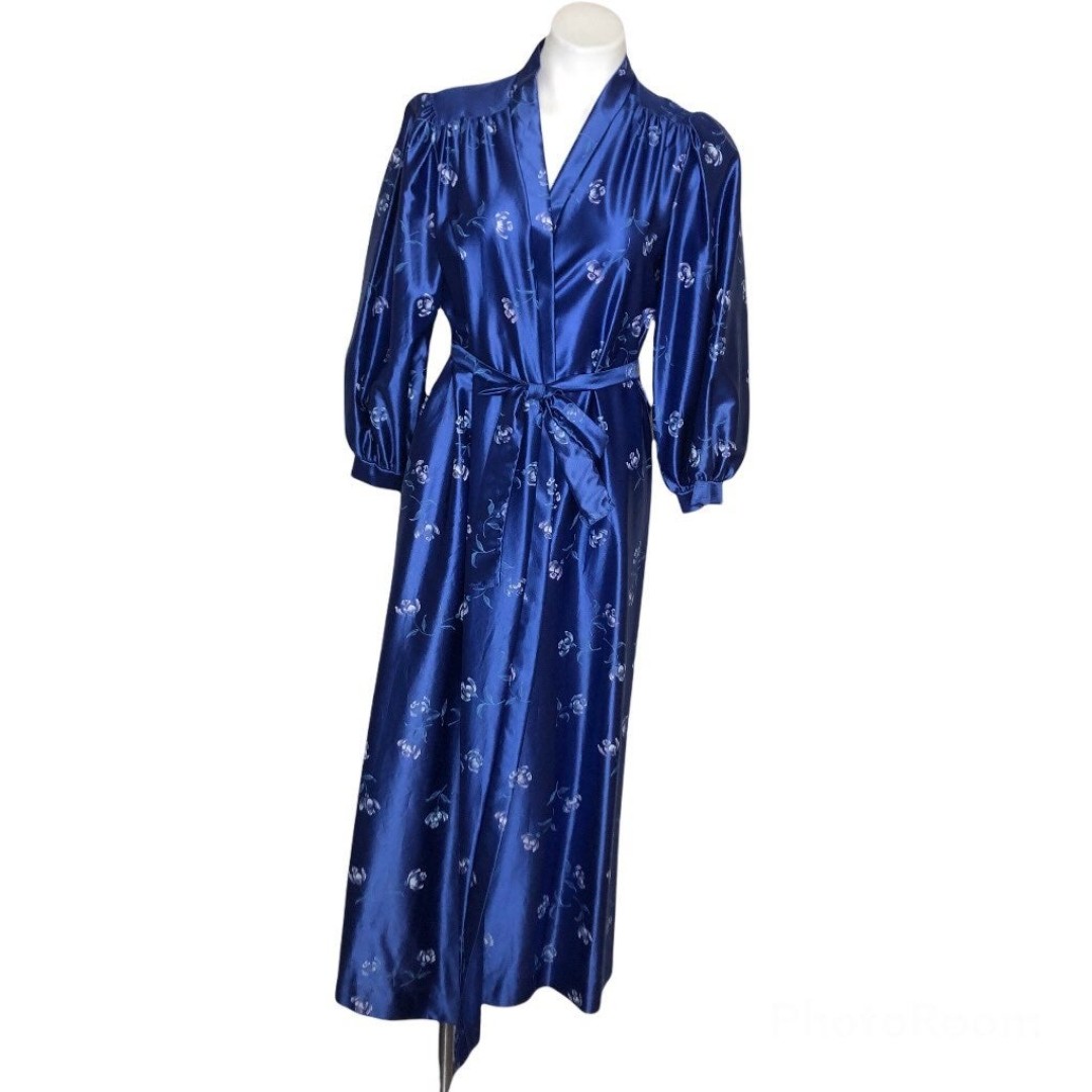 LORRAINE Blue Robe Hollywood Glam Floral Belted Vintage Retro VINTAGE