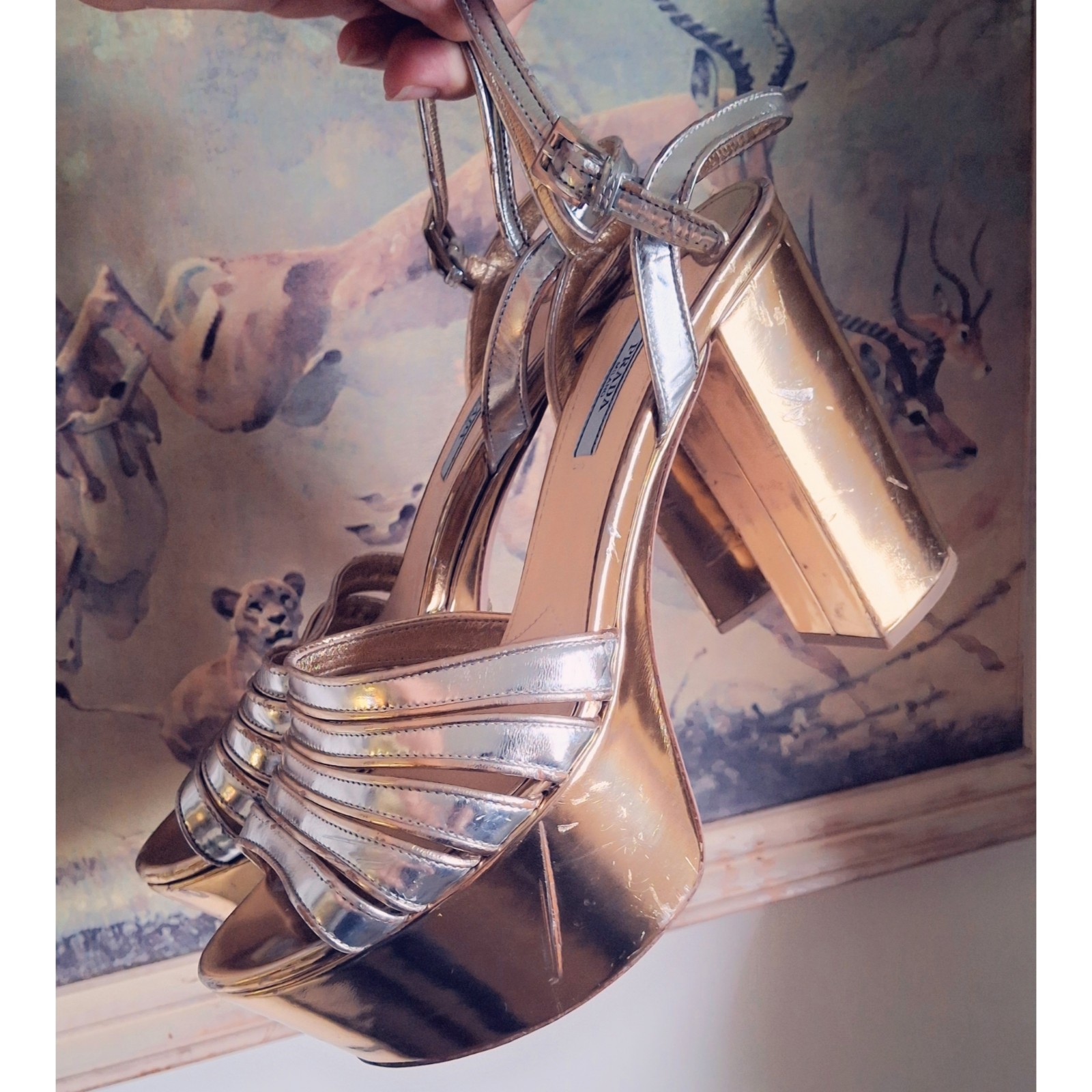 Prada Calzature Donna Strappy Silver/Gold Metallic Platform Heels EU 39 US 8/8.5