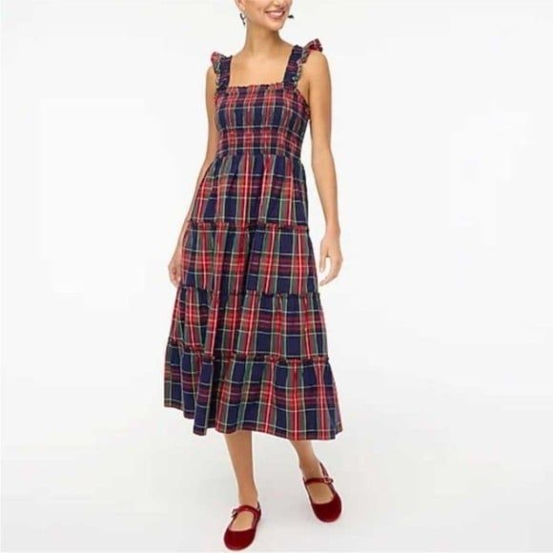 Re-Imagined by J. Crew Plaid Smocked Tiered Midi Dress Size 3X Navy Blue & Red