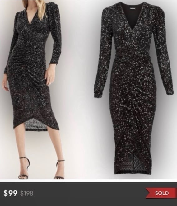 NWT Express Sequin V-Neck Puff Shoulder Ruched Midi Dress S (FINAL PRICE 89.99