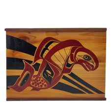 Hand Painted Fish Salmon Wood Box Sliding Lid Haida Art Red Black Vintage