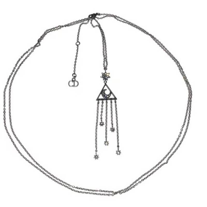 AUTH Christian Dior Long Lariat Crystal Drop Pendant Pewter Star Moon Necklace