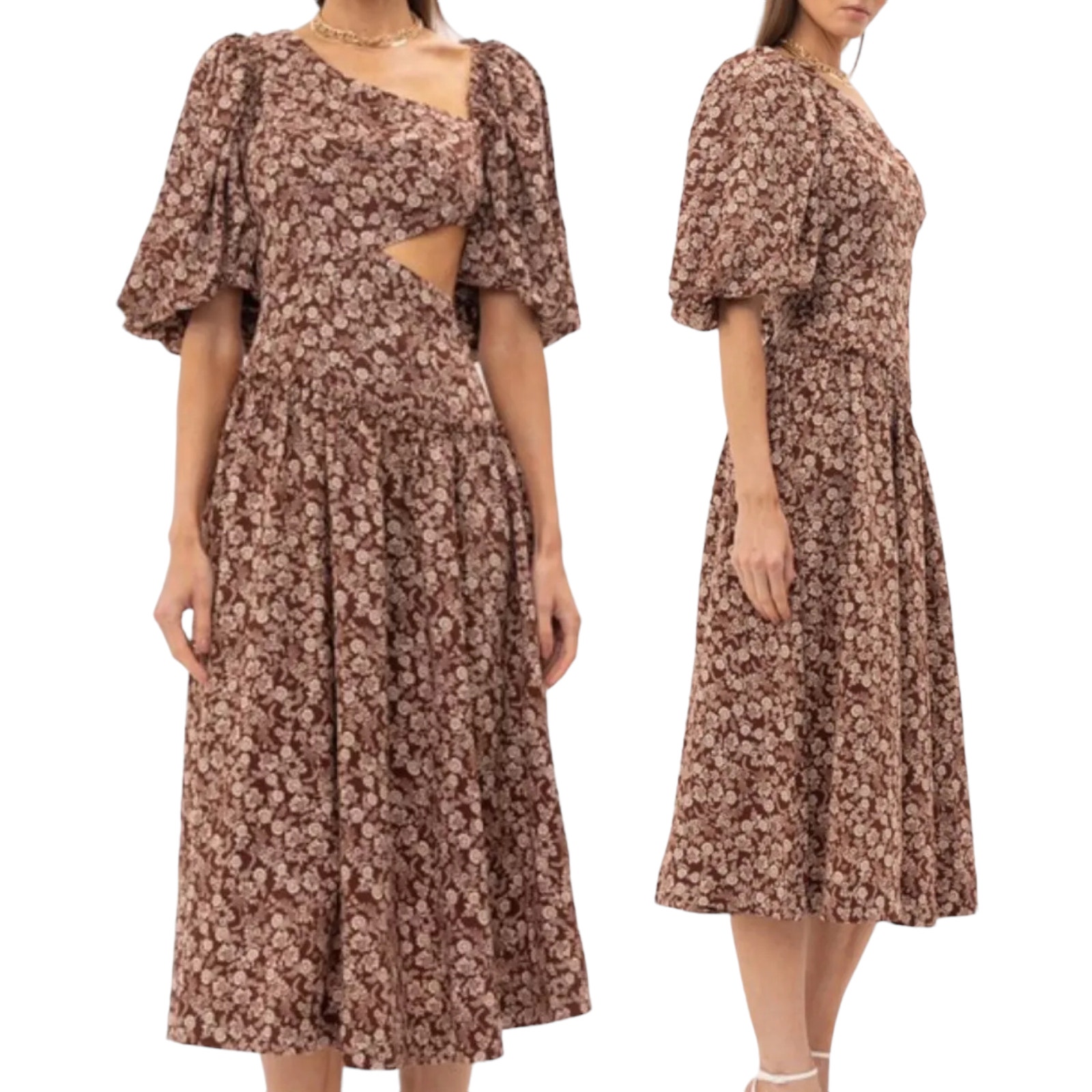 Sofie the Label Midi Dress Asymmetric Cutout Floral Print Brown NEW Womens Small