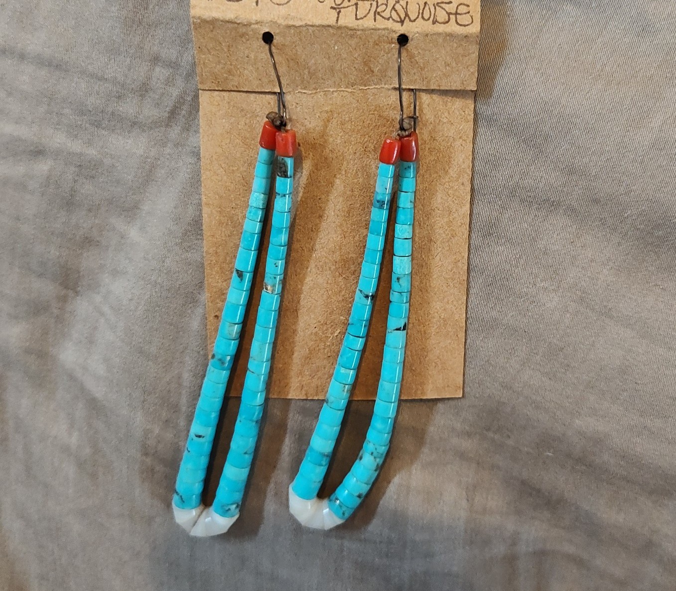 1970s Long Turquoise Heishi Earrings with White Shell Jacla, Native American