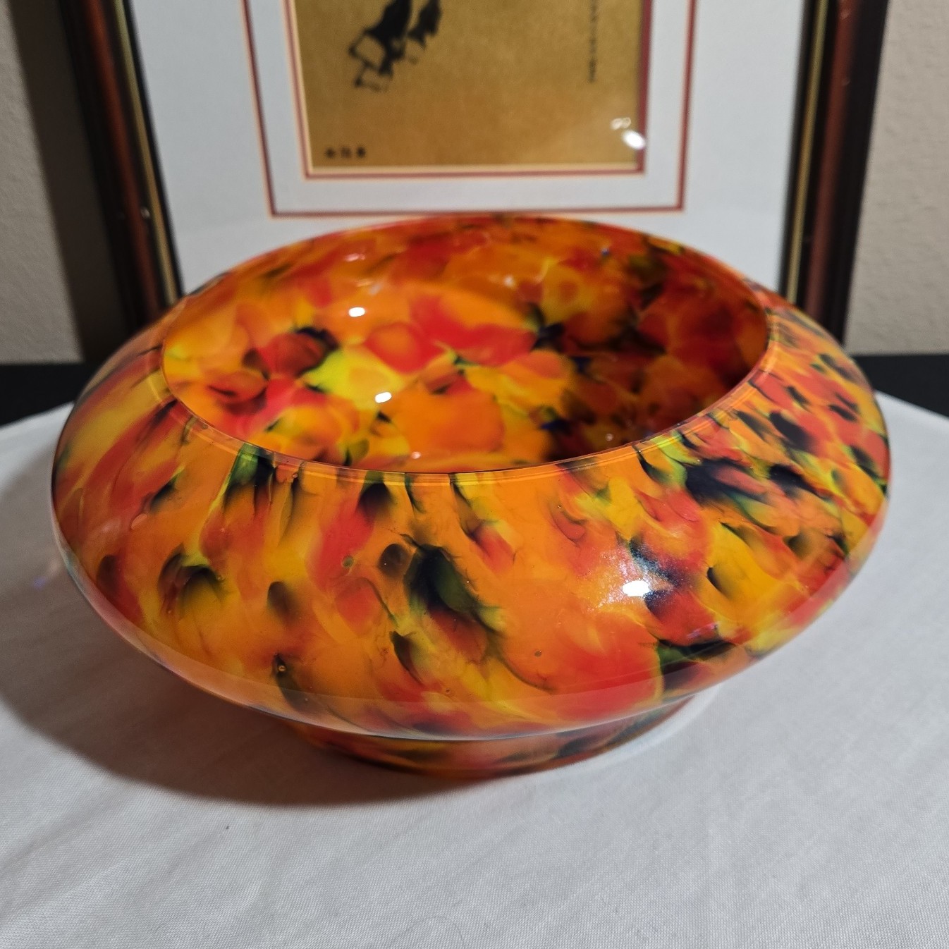 Vintage Czech Art Deco Orange Yellow Red And Blue Splatter Glass Bowl.