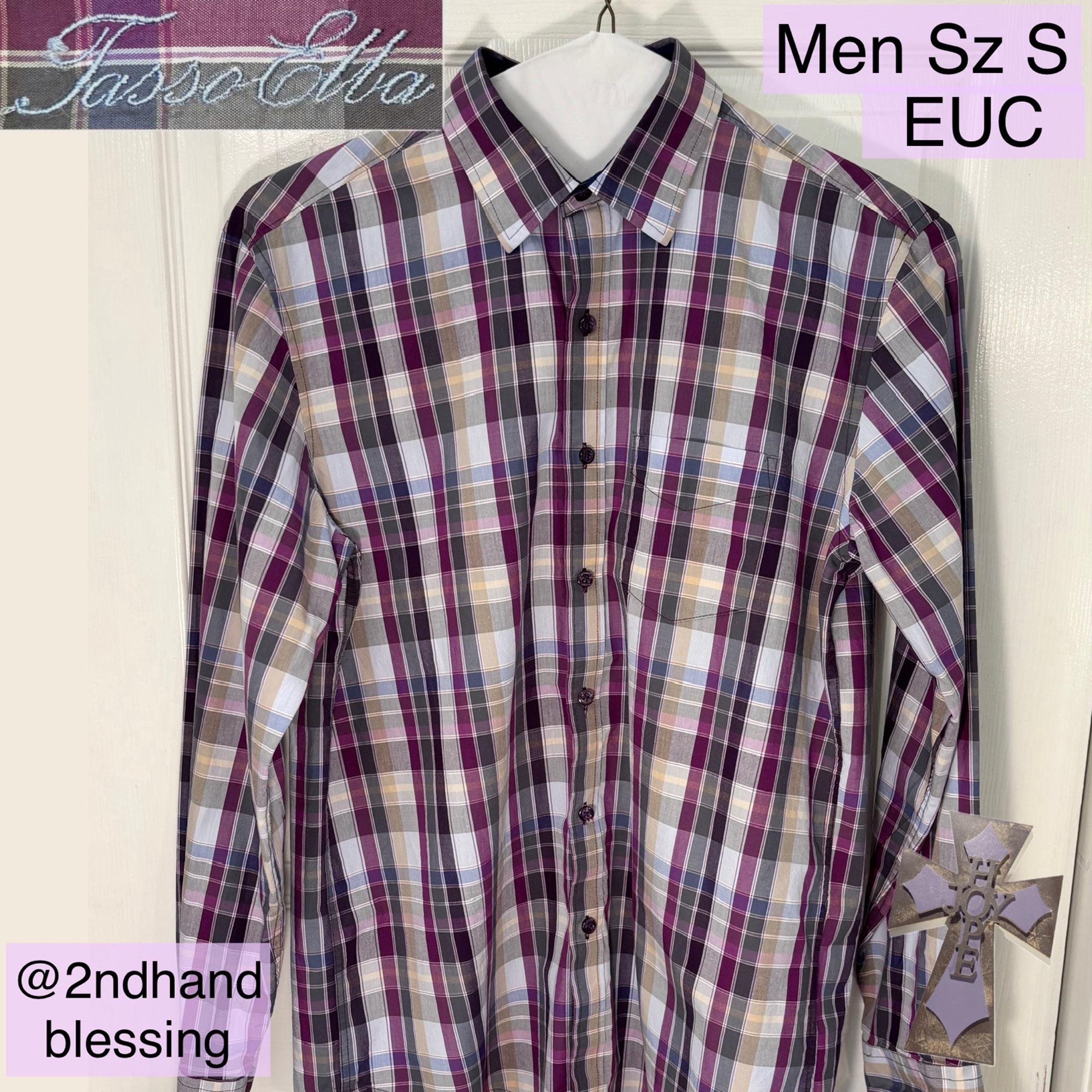 EUC Tasso Elba Cotton Plaid Button Down Shirt, Men Sz S 14-14.5 Purple Grey Blue