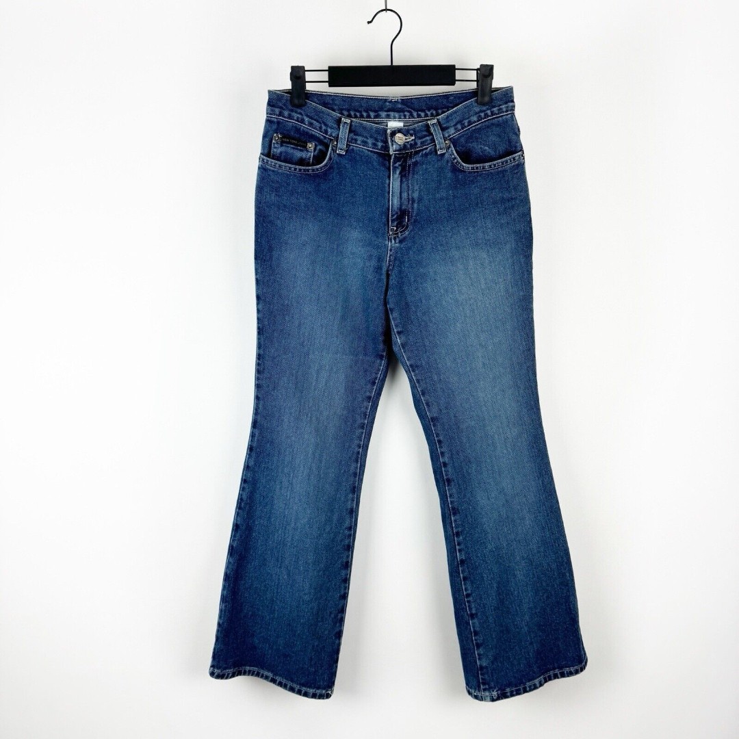 New York & Company Jeans Women's Petite Vintage Low Rise Flare Blue Denim