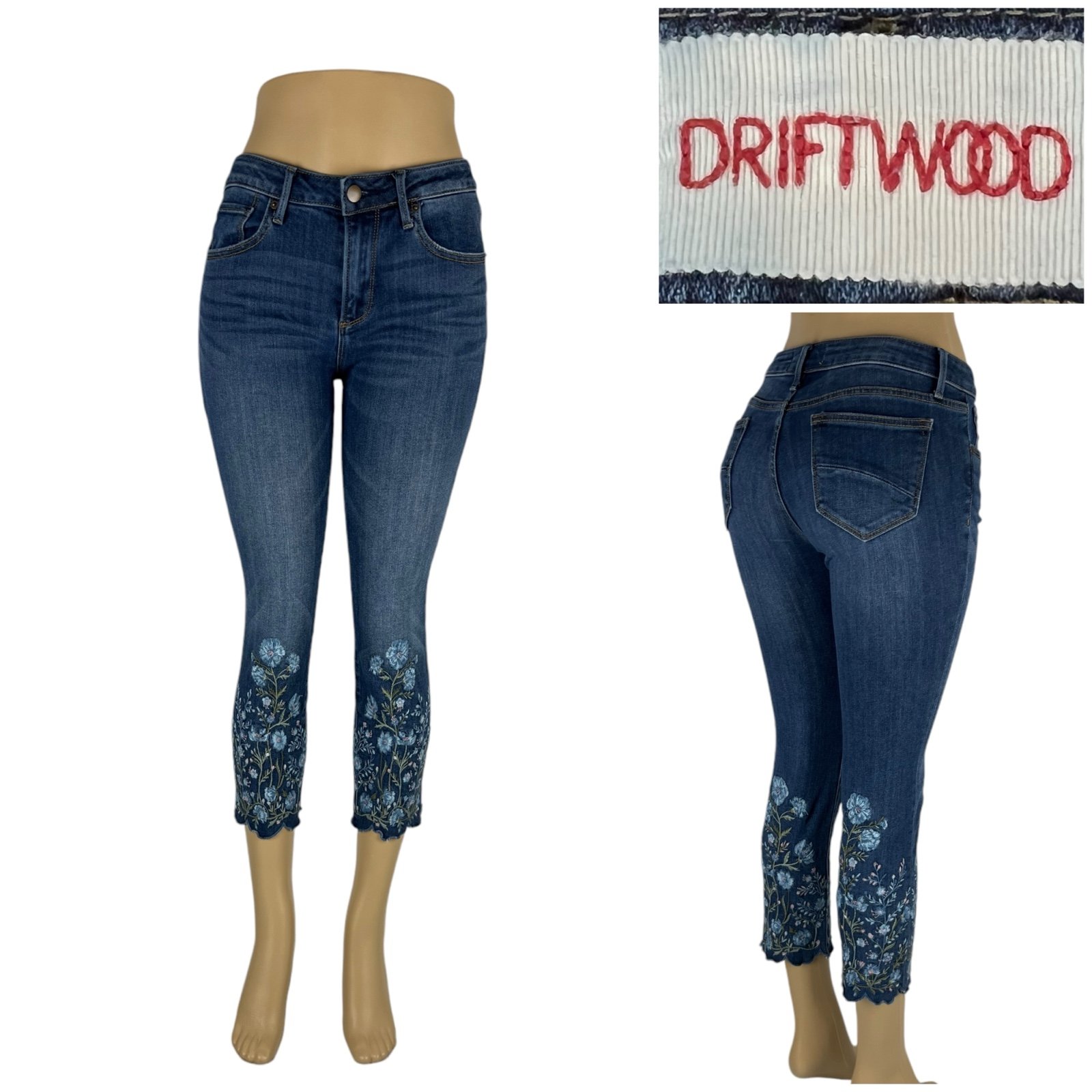 Driftwood Candace Mid Rise Embroidered Floral Ankle Jeans Size 26 X 25 Denim EUC