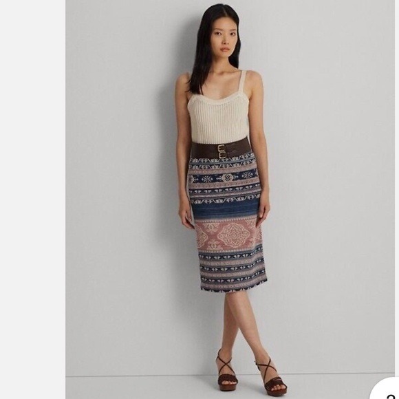 NWT 225 LAUREN RALPH LAUREN Geo-Motif Linen-Cotton Pencil Skirt Multi XL