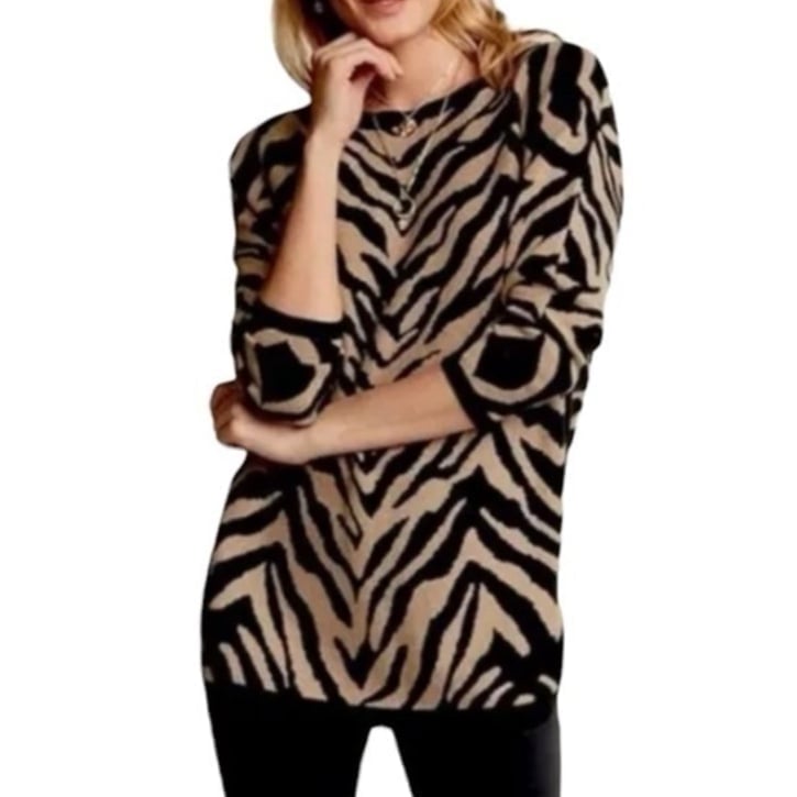 CAbi Dani Sweater Zebra Dazzle Stripe Brown/Black Women’s Medium #3884 NEW