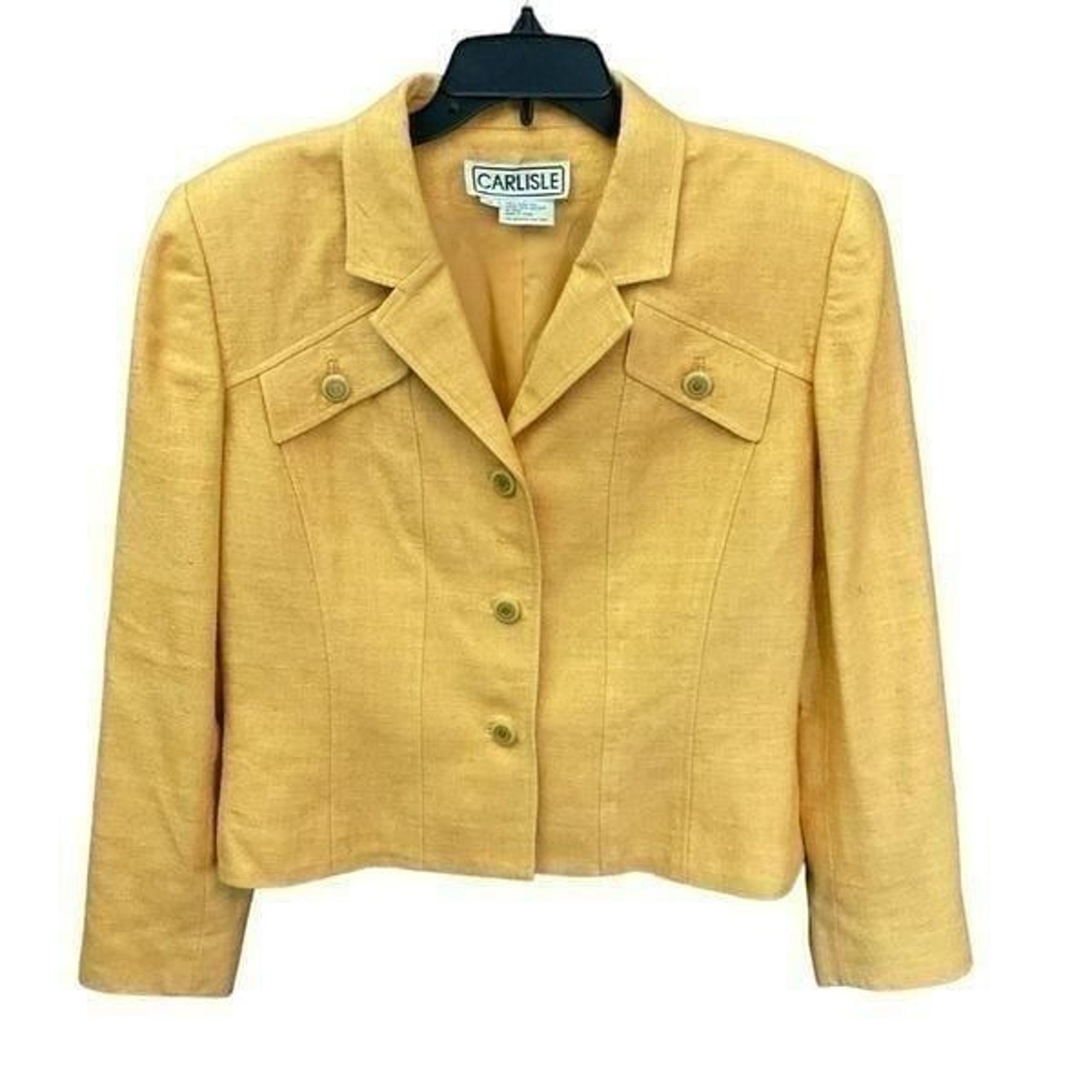 Carlisle Blazer Cropped Silk Textured Collar Lapel Yellow Button Front Size 14