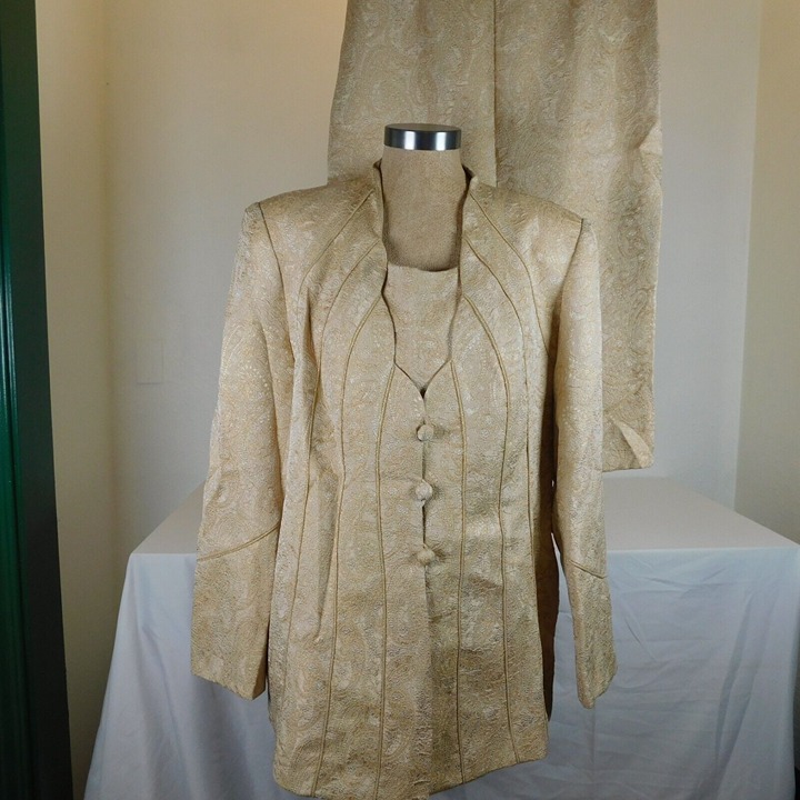 Lloyd Williams Women Gold Metallic Thread Blazer Skirt Paisley Button Sz 16 Vtg