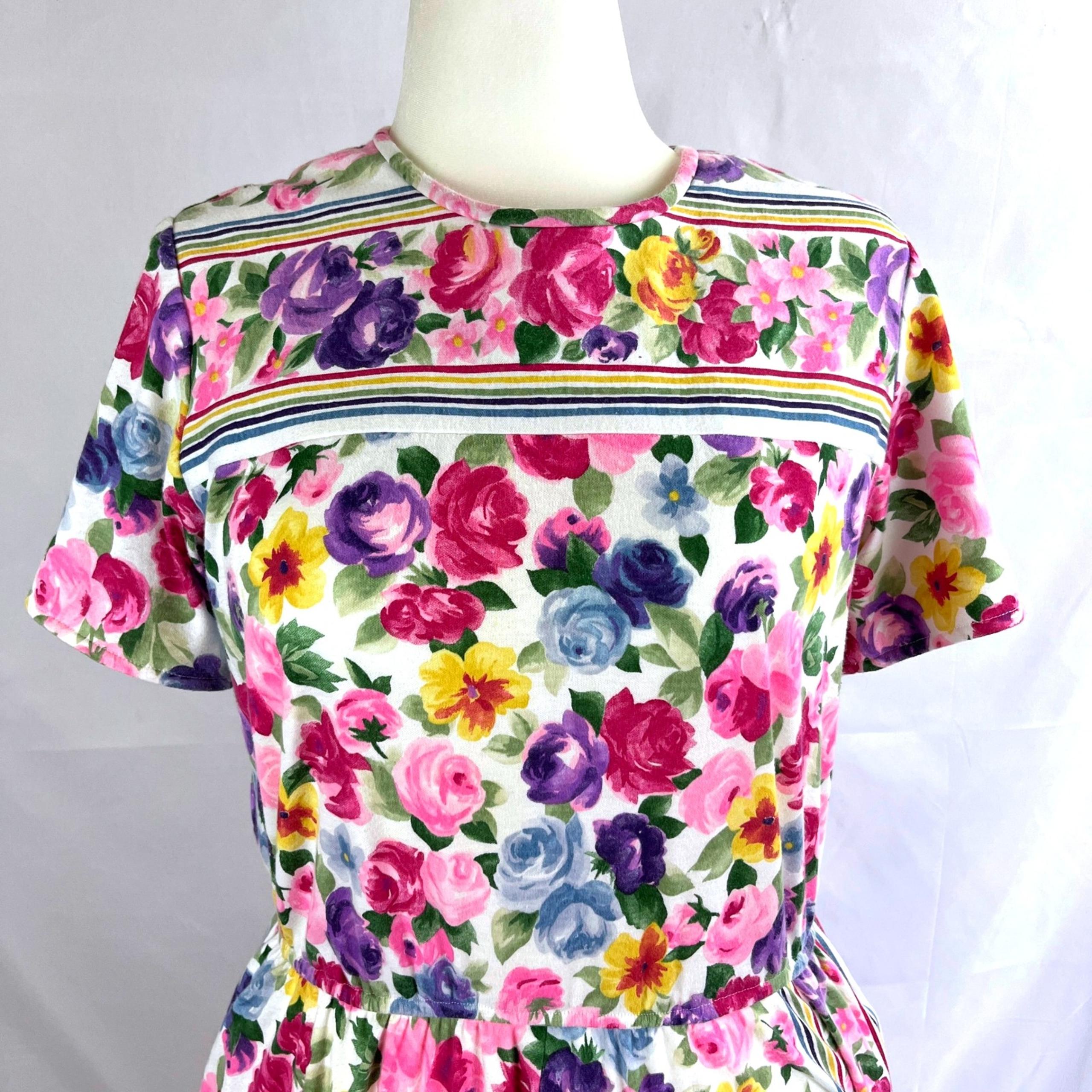 VTG Floral Midi Dress Pastel Striped Prairie Peasant Bloomcore Cottagecore 14
