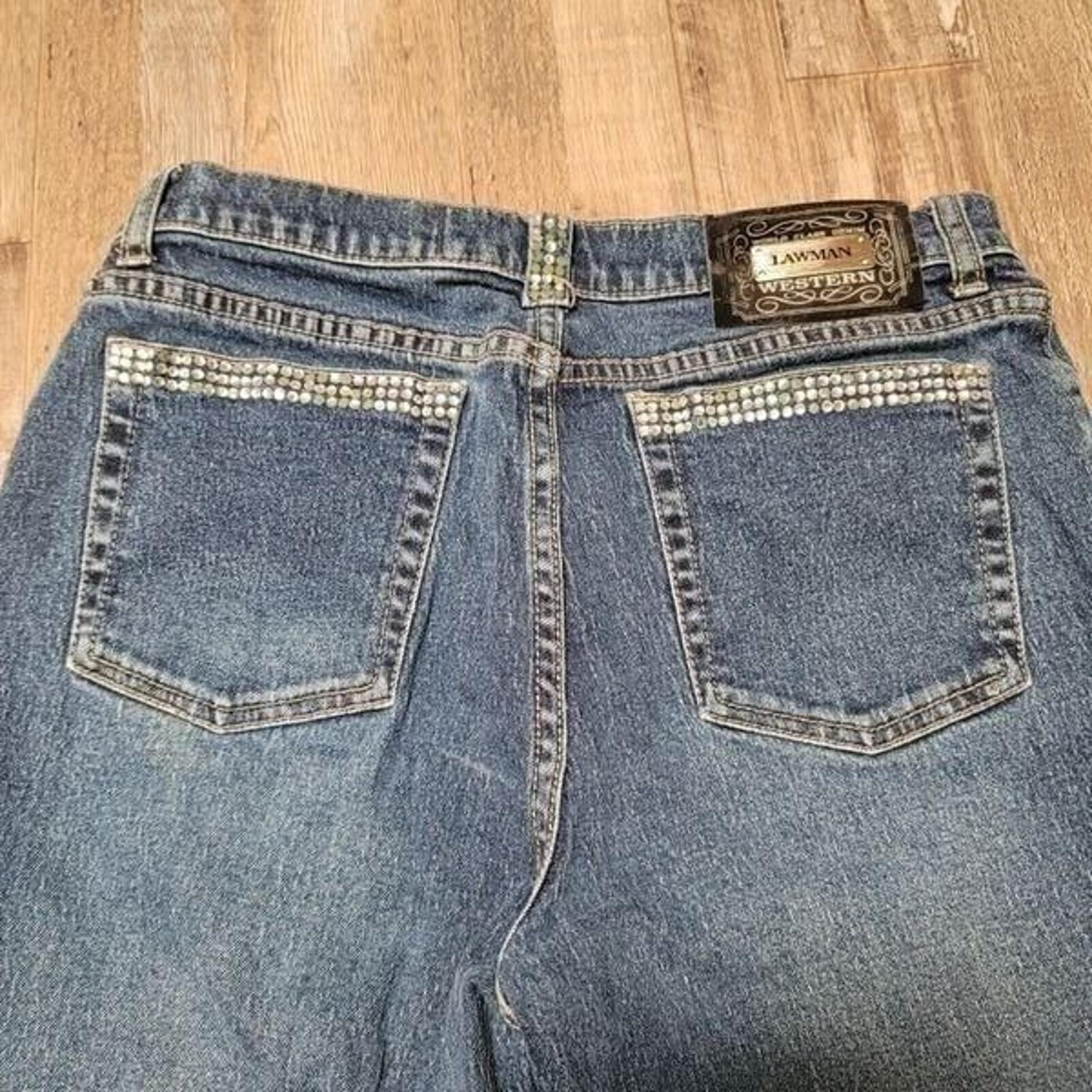 Lawman Western Size 9 Slim Fit Boot Cut Rhinestones Denim Blue Jeans Pants Women