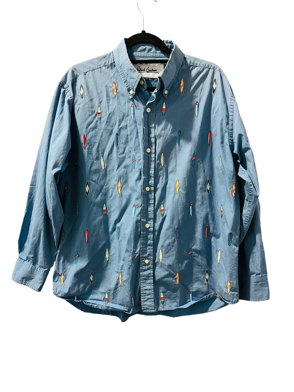 Robert Graham Surfboard Long Sleeve Button Down Blue Embroider Shirt Size Large