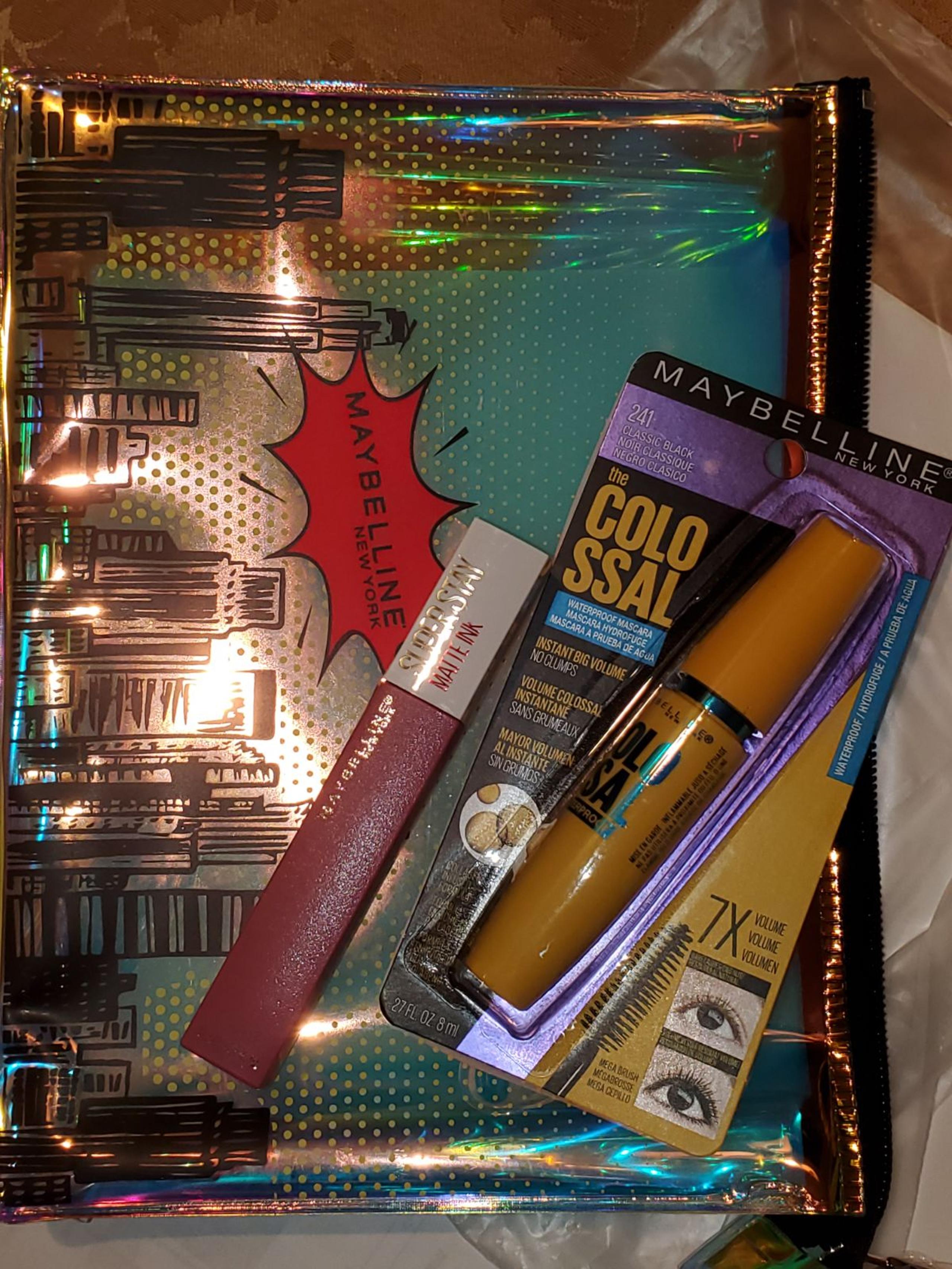 Maybelline mascara lipgloss and pouch new