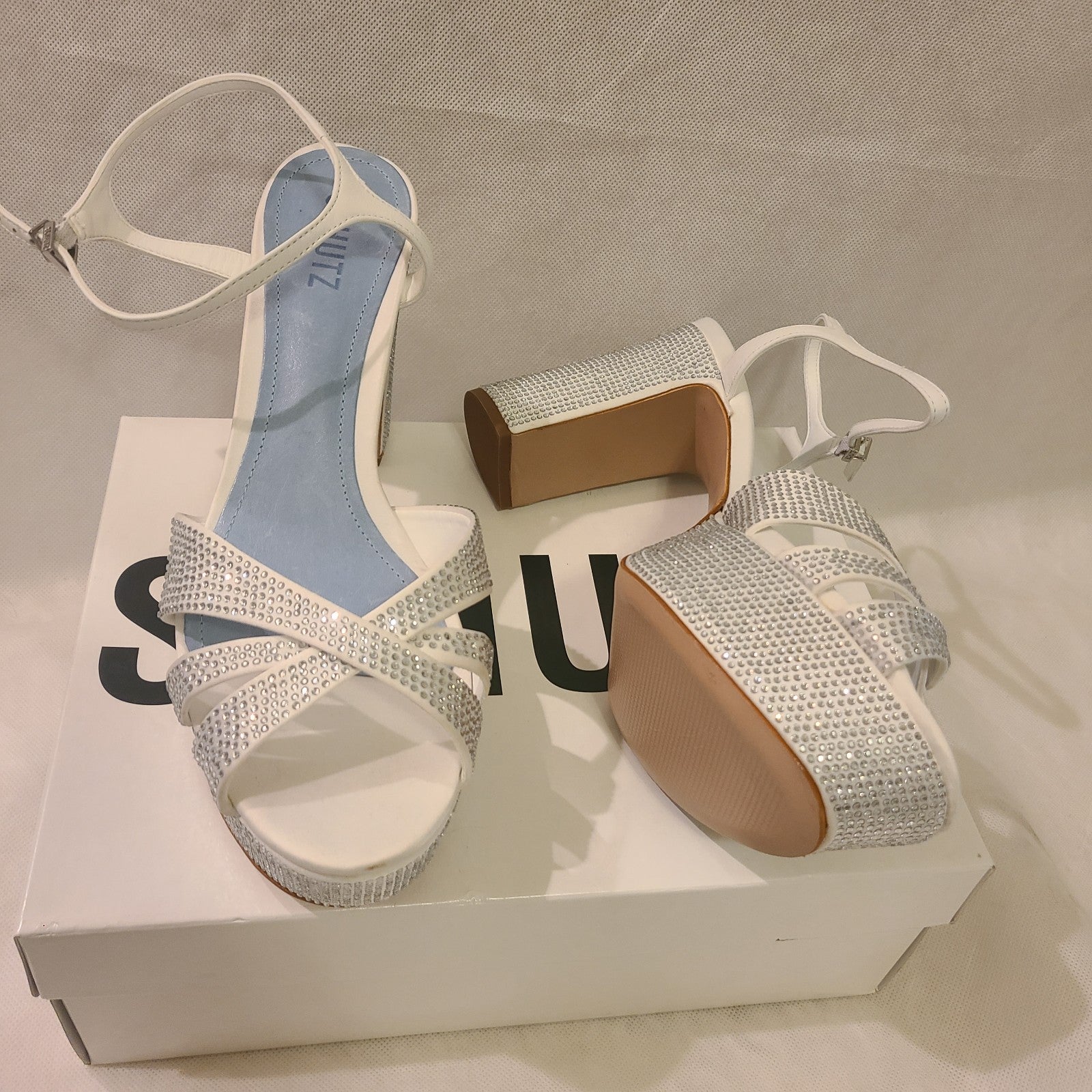 Schutz Women's White Keefa Crystal Satin & Leather Sandal Sz 11