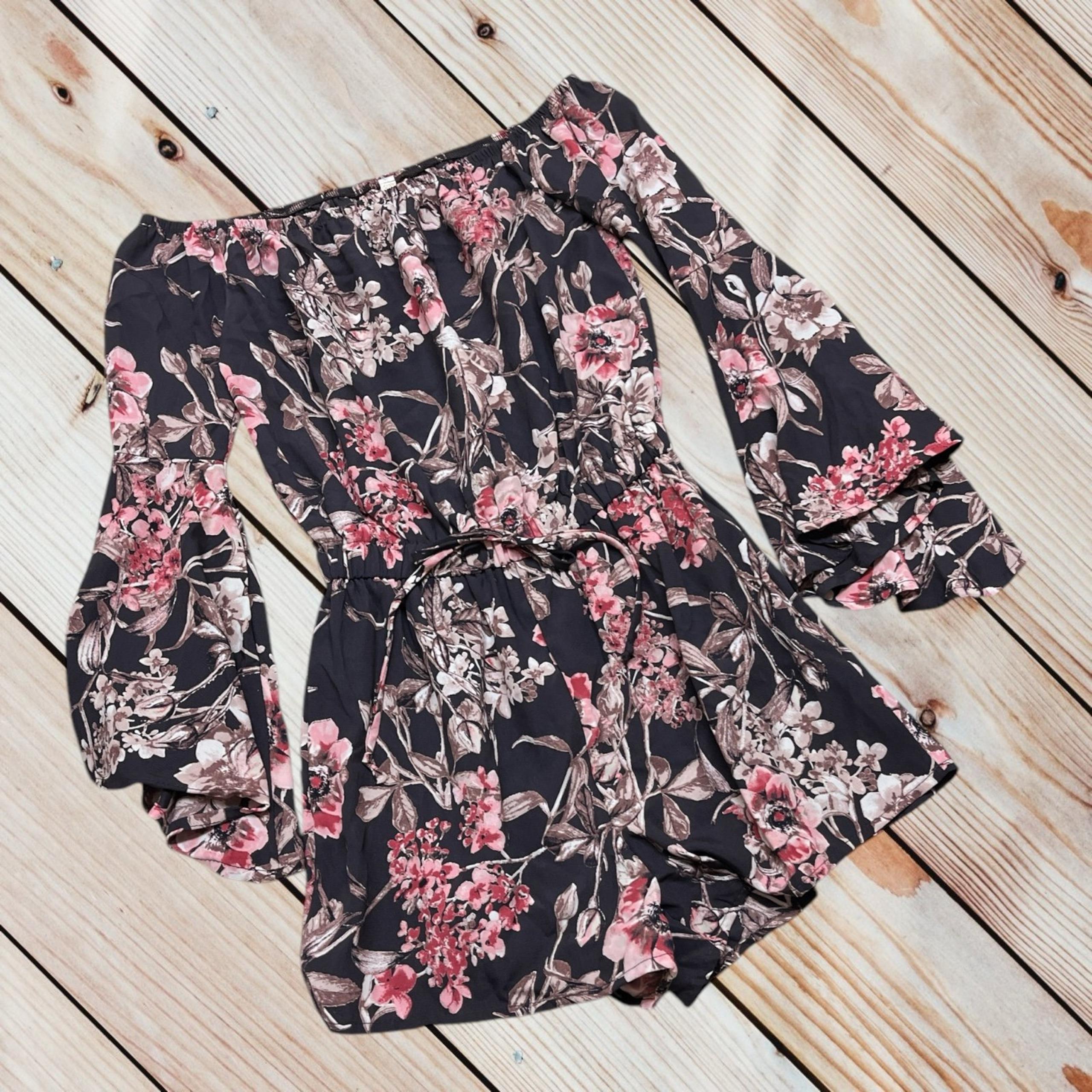 BeBop S brown floral off shoulder bell sleeve romper