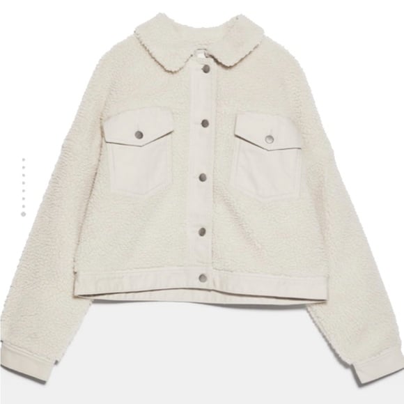 Zara off white / ivory cropped denim faux sheath / fleece jacket, size M