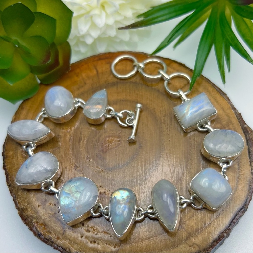 Rainbow Moonstone Bracelet Solid Sterling Silver 925 Multiple Shape Gemstones
