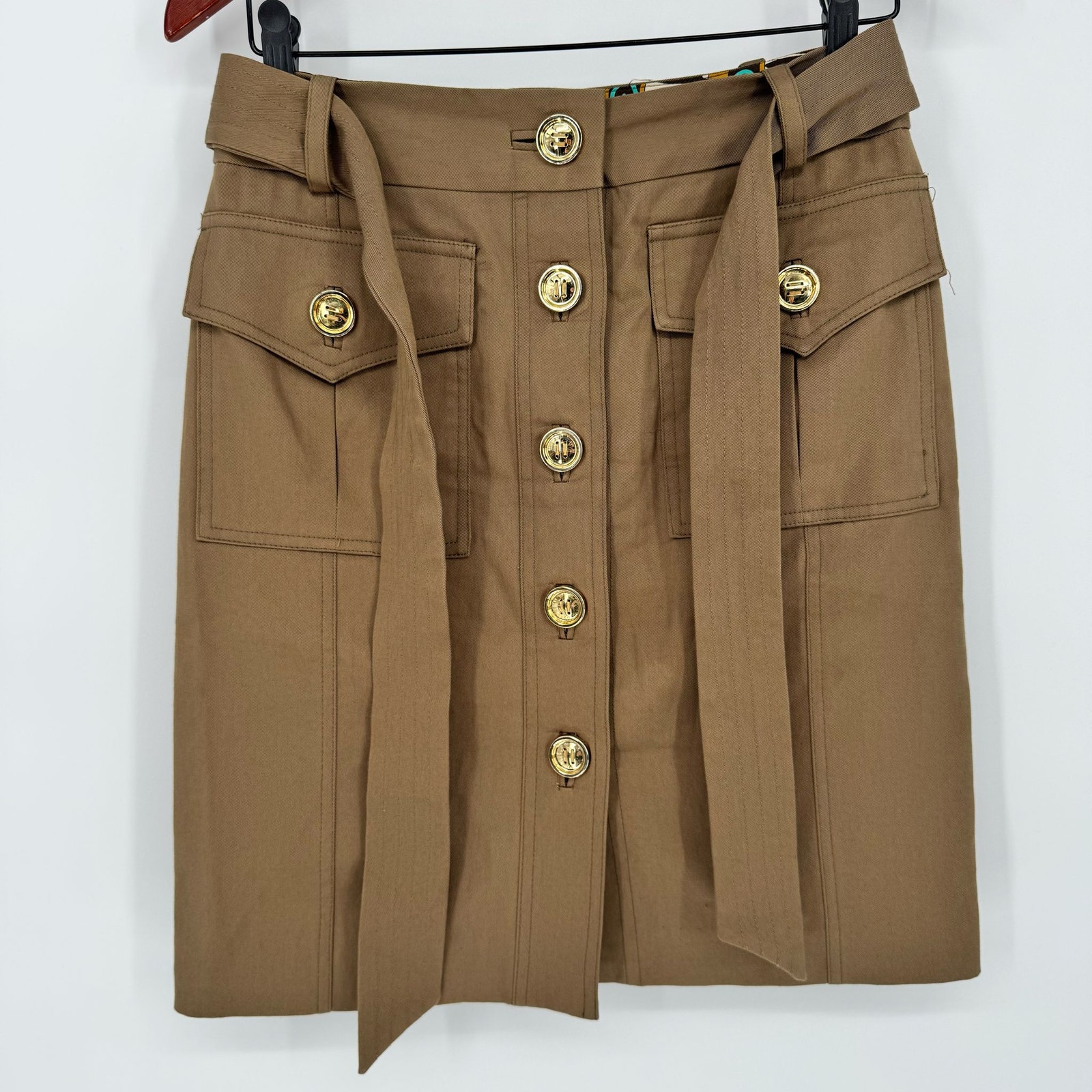 Milly New York High Waisted Khaki A-Line Gold Buttons Skirt Sz 6 Quiet Luxury