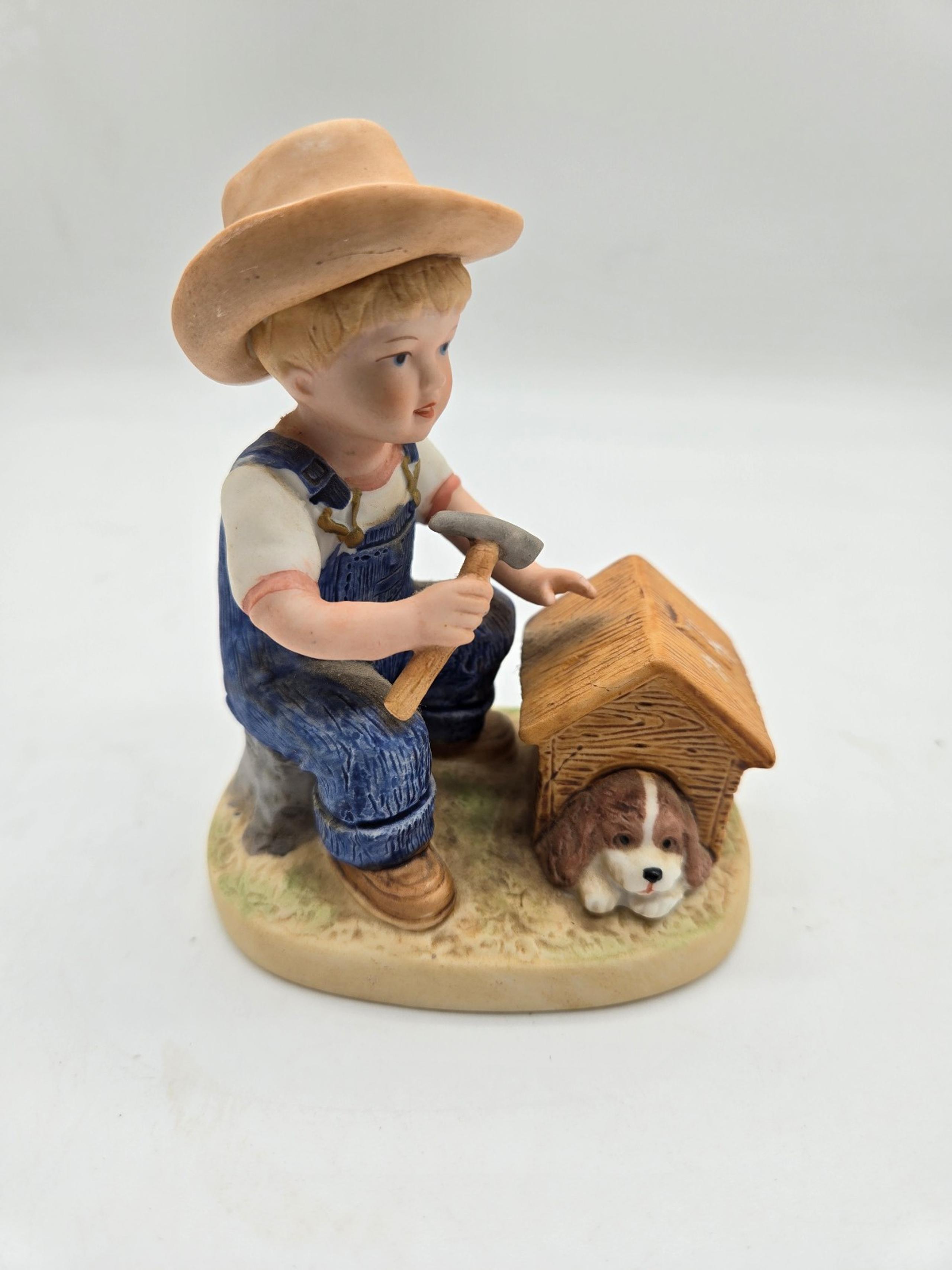 Home Interiors & Gifts Denim Days Boy Building Dog House Porcelain Figurine